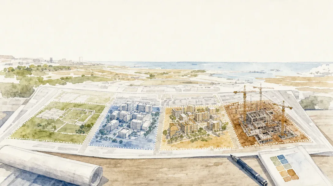 A free architectural watercolour painting of a new residential district beside the coastline, with residential buildings under construction, an excavation and foundations site, and open spaces alongside. This is an illustration, not a photograph.