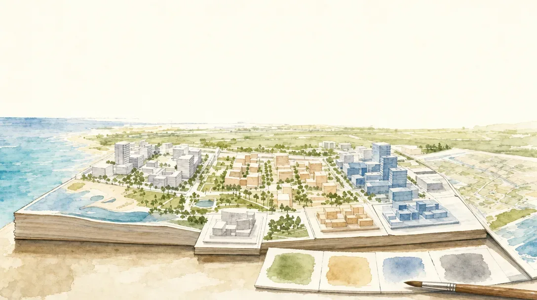 A loose watercolour painting of a construction site in Sde Dov, with cranes, building frames at various stages and open work areas.