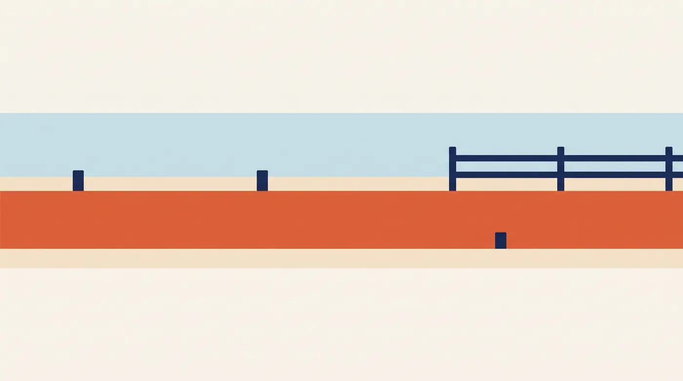 A paved coastal walkway running north beside open sand, construction hoarding on the landward side and the sea on the other