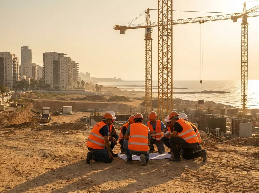 Construction crew in hi-vis vests on a building site with cranes