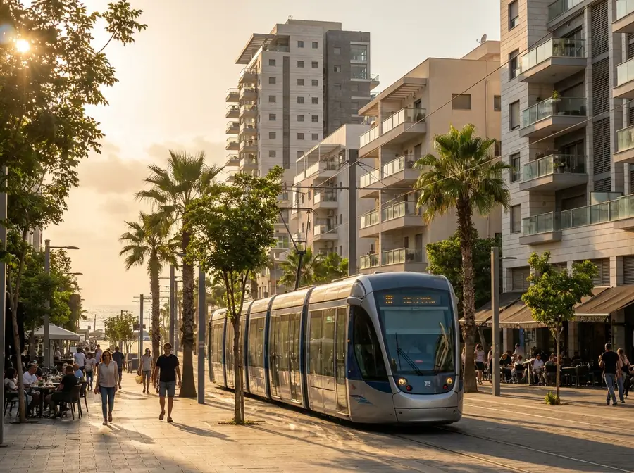 A light-rail tram on a tree-lined boulevard