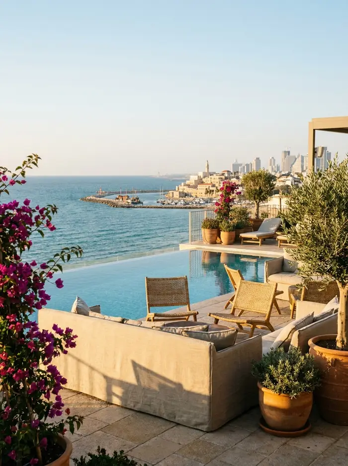 A hotel terrace overlooking the sea