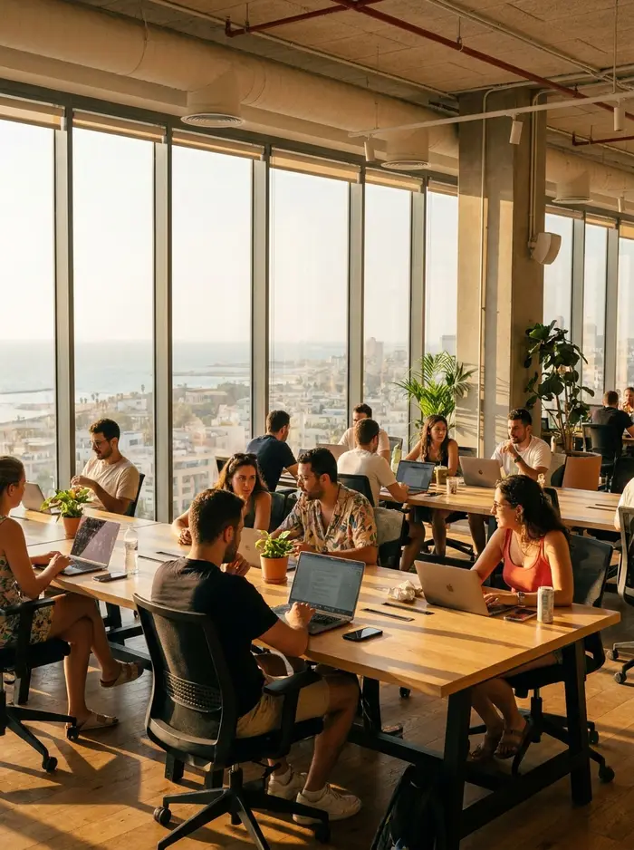 A bright office with a view of the Mediterranean